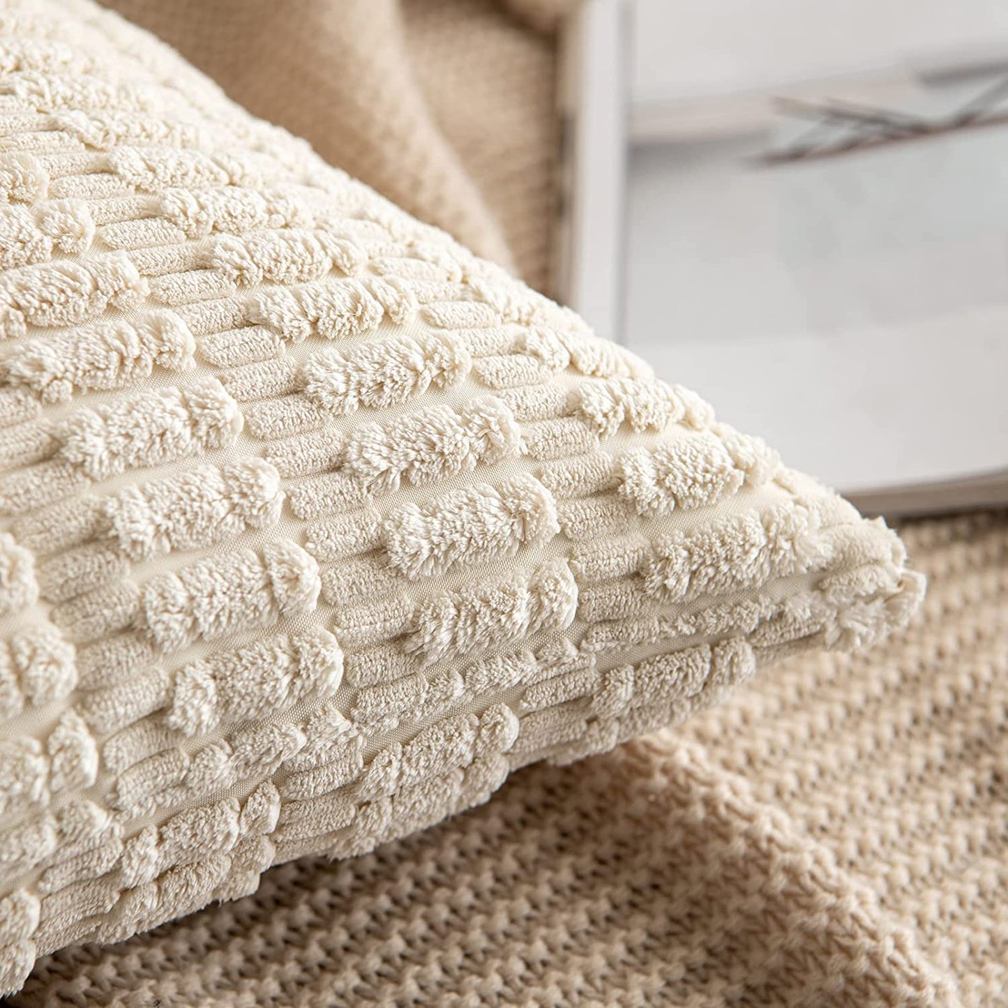 Professional title: "Set of 2 Corduroy Throw Pillow Covers - Boho Striped Design
