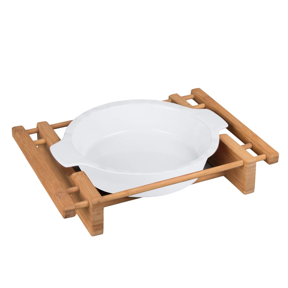 Stoneware Pie Dish with Bamboo Cradle