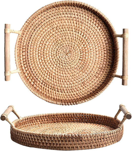 Handcrafted Rattan Round Serving Basket 