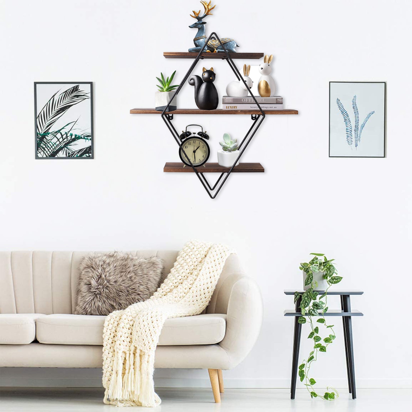 3 Tier Industrial Geometry Wood Floating Shelf 