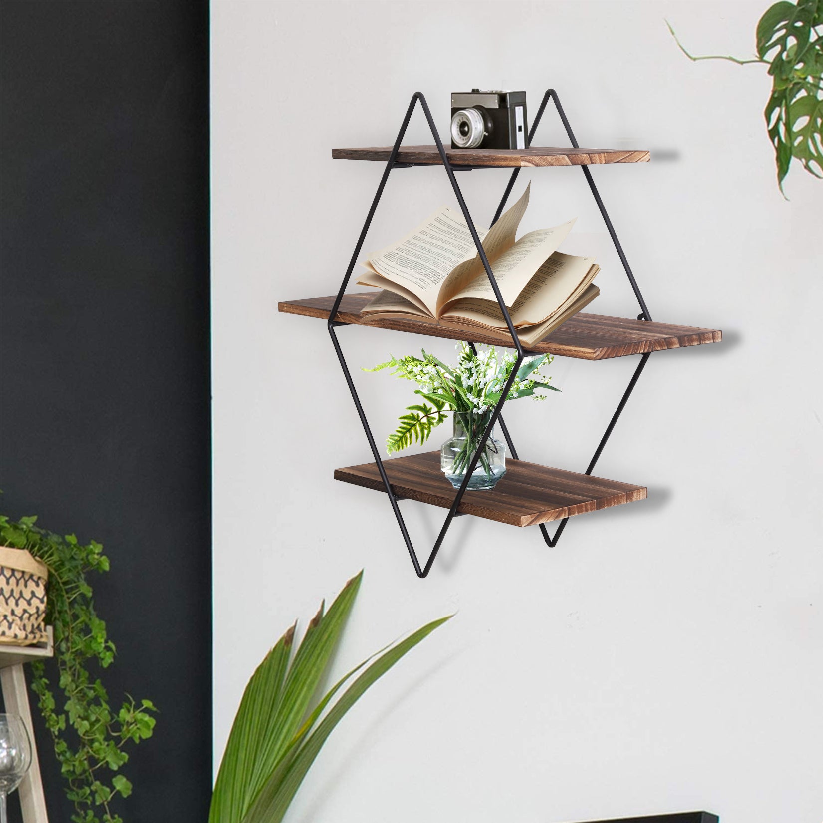 3 Tier Industrial Geometry Wood Floating Shelf 