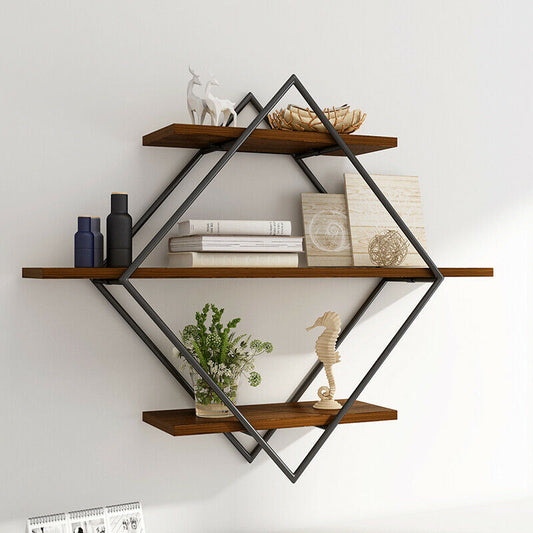 3 Tier Industrial Geometry Wood Floating Shelf 